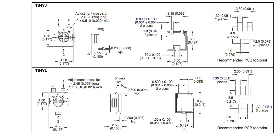 Mechanical Drawing - Vishay / Sfernice TS4Y Series Cermet Trimmers