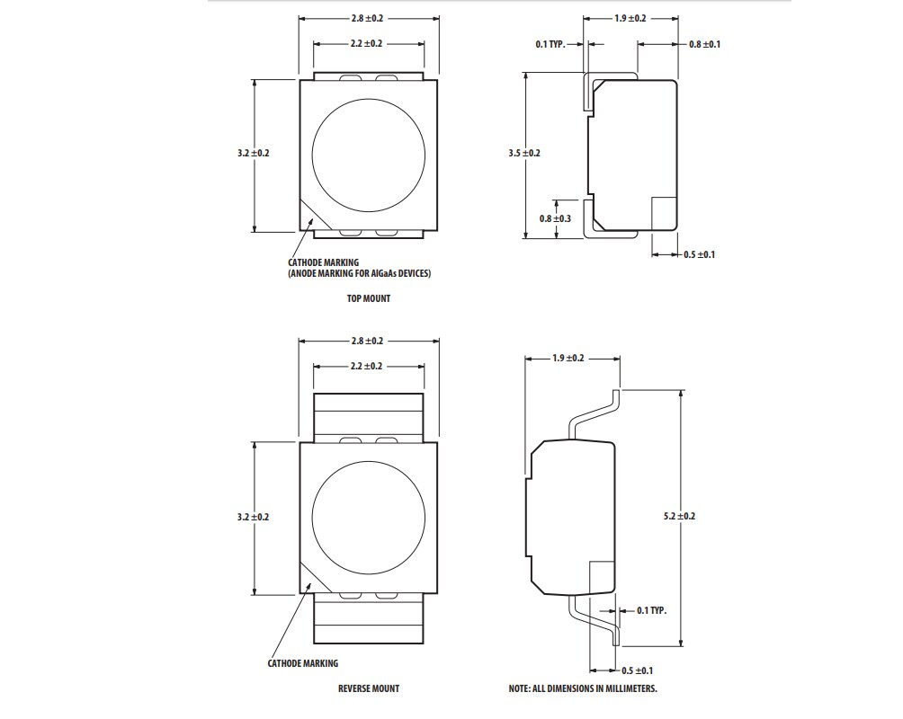 Mechanical Drawing - Broadcom HSMx-A10x Surface Mount LED indicators