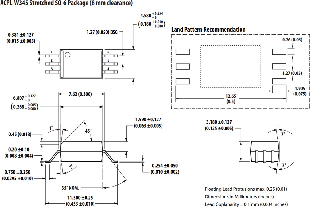Mechanical Drawing - Broadcom ACPL-x345 SiC MOSFET Gate Drive Optocouplers