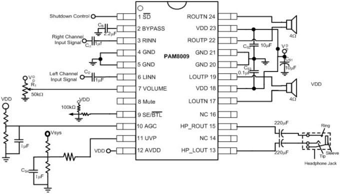 Application Circuit Diagram - Diodes Incorporated PAM8009 3W Stereo Class-D Audio Amplifiers