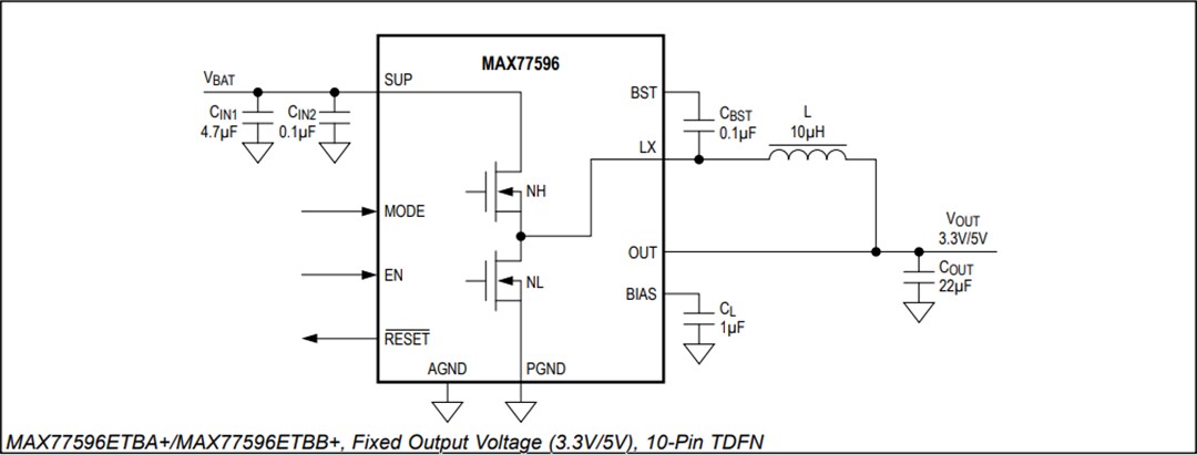 Application Circuit Diagram - Analog Devices / Maxim Integrated MAX77596 Synchronous Step-Down Buck Converter