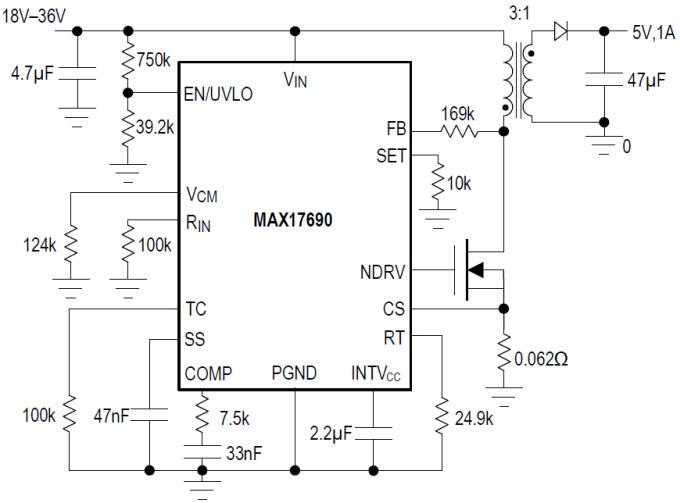 Application Circuit Diagram - Analog Devices / Maxim Integrated MAX17690 Isolated Flyback Controller