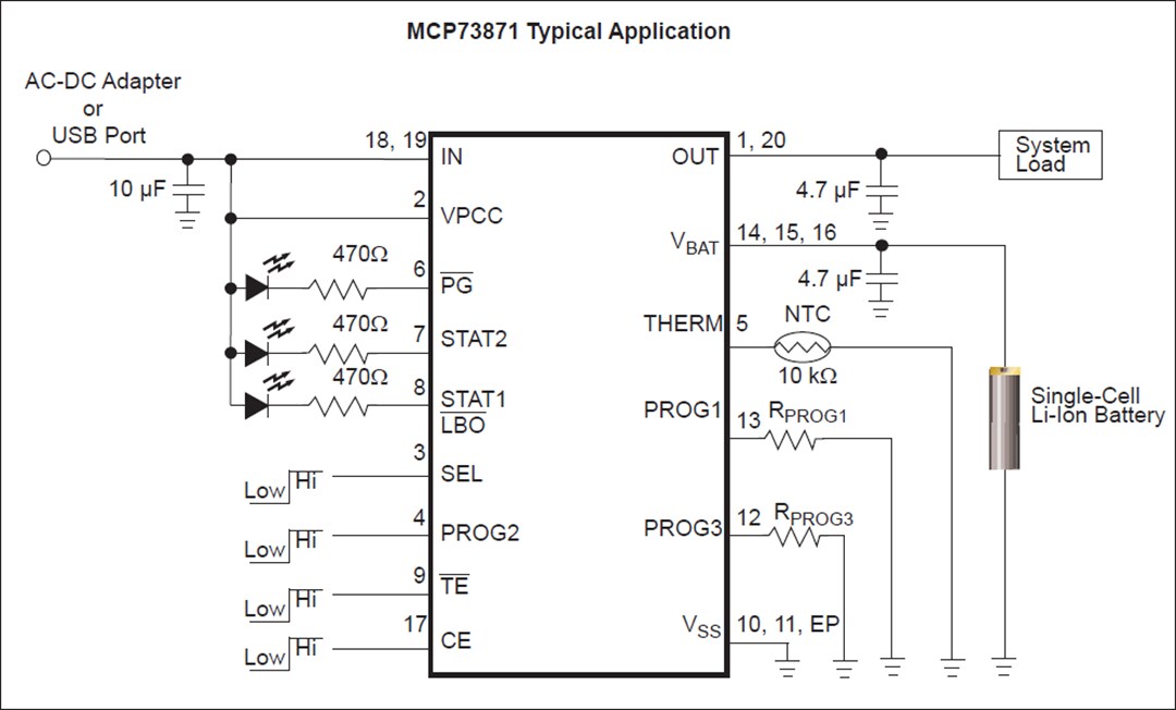 Application Circuit Diagram - Microchip Technology MCP73871 USB/AC Battery Charger