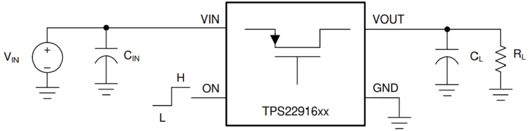 Application Circuit Diagram - Texas Instruments TPS22916xx Ultra-Low Leakage Load Switch