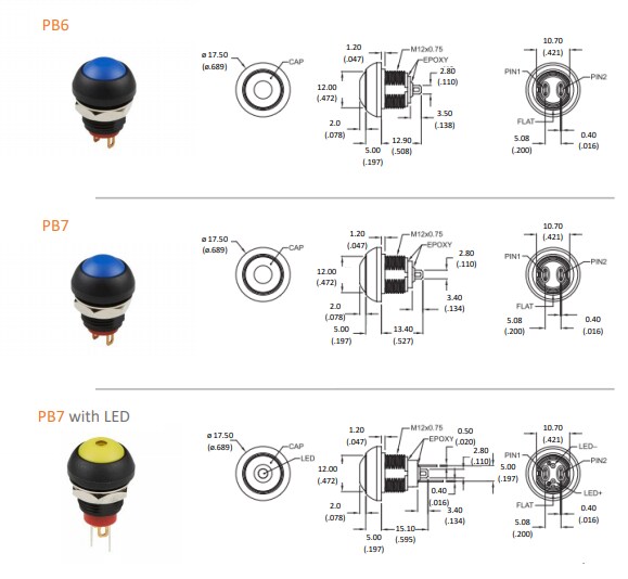 Mechanical Drawing - TE Connectivity / Alcoswitch IP68 Sub-Miniature Pushbutton Switches