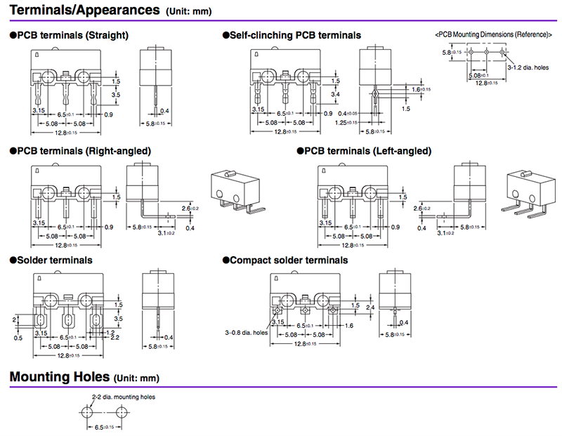 Mechanical Drawing - Omron Electronics D2F Ultra Subminiature Basic Switches