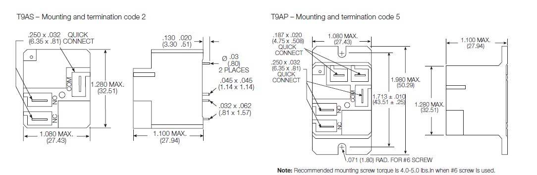 Mechanical Drawing - TE Connectivity T9A 30A Power Relays