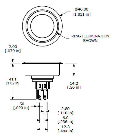 Mechanical Drawing - E-Switch PV10 Illuminated Anti-Vandal Switches