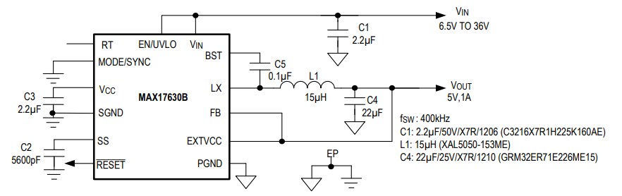 Application Circuit Diagram - Analog Devices / Maxim Integrated MAX17630 Synchronous Step-Down DC-DC Converter