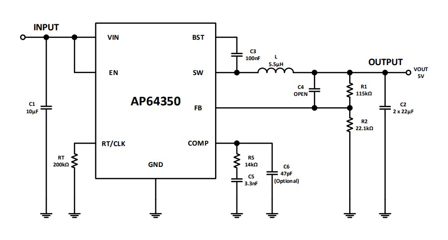 Application Circuit Diagram - Diodes Incorporated AP64350 Buck Converters