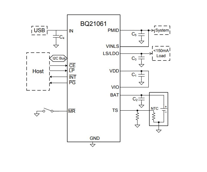 Schematic - Texas Instruments bq21061 Battery Charge Management IC