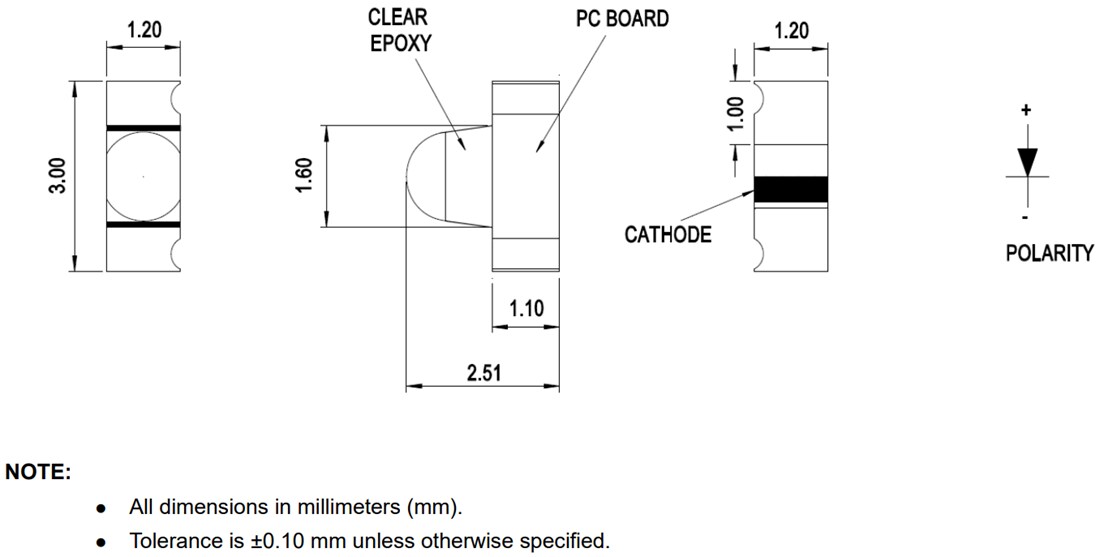 Mechanical Drawing - Broadcom HSM9-C450 Side View Infrared Emitter