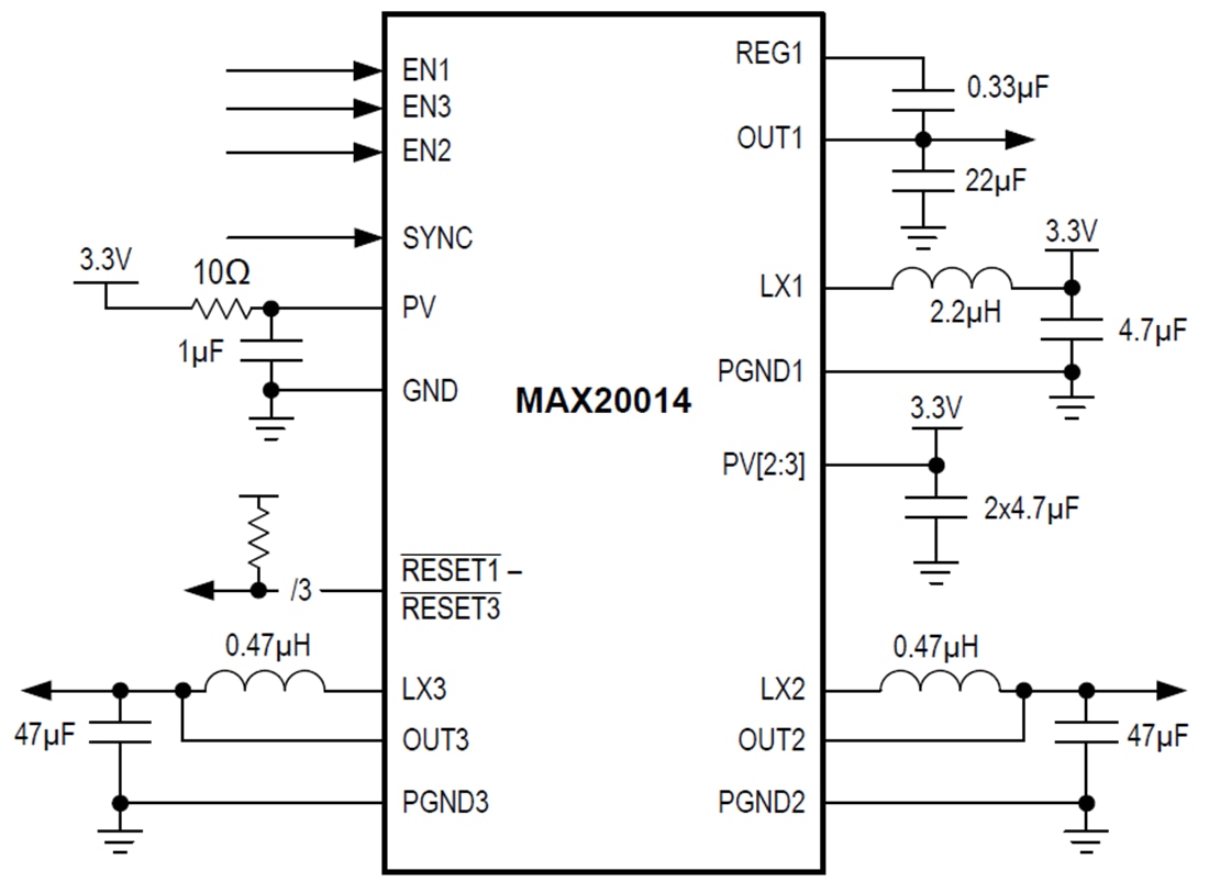 Application Circuit Diagram - Analog Devices / Maxim Integrated MAX20014 Boost & Dual Step-Down Converters