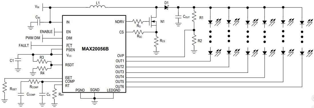 Schematic - Analog Devices / Maxim Integrated MAX20056B 6-Channel High-Brightness LED Driver