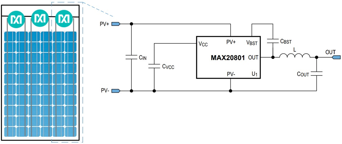 Application Circuit Diagram - Analog Devices / Maxim Integrated MAX20801 Cell-String Optimizers