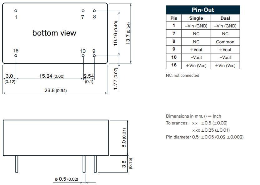 Mechanical Drawing - TRACO Power TEL 10 Series Compact 10W DC/DC Converters