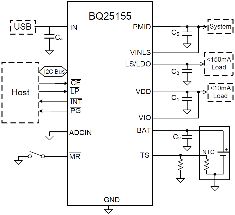 Schematic - Texas Instruments bq25155 Battery Charge Management IC