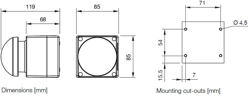 Mechanical Drawing - EAO Series 45 IP69K Palm Switches