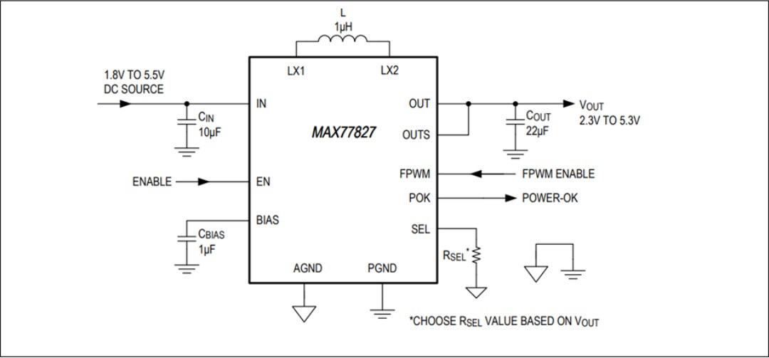 Application Circuit Diagram - Analog Devices / Maxim Integrated MAX77827 Switch Buck-Boost Converter