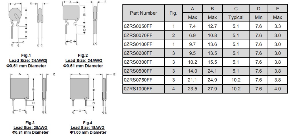 Mechanical Drawing - Bel Fuse 0ZRS Radial Leaded PTC Resettable Fuses