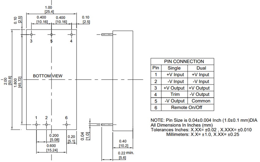 Mechanical Drawing - Cincon EC7BW18 20W 18:1 Input Isolated DC-DC Converters