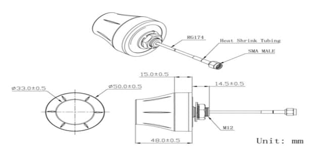 Mechanical Drawing - Abracon AEACBK050048-SW2 2.4GHz/5GHz External Antenna