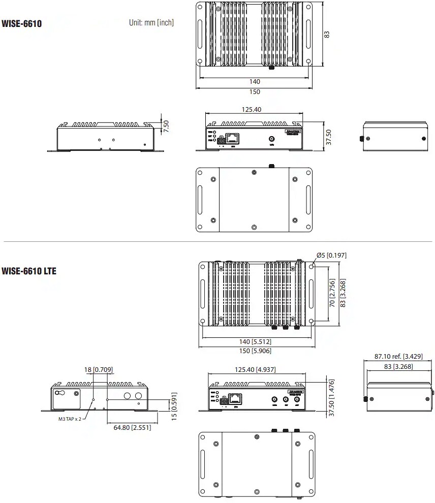 Mechanical Drawing - Advantech WISE-6610 Industrial LoRaWAN Gateways