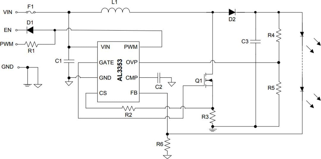 Application Circuit Diagram - Diodes Incorporated AL3353 High Performance Boost LED Controller