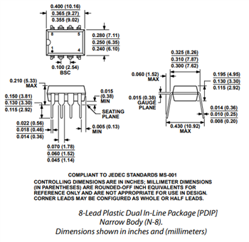 Mechanical Drawing - Analog Devices Inc. AD620 Instrumentation Amplifiers