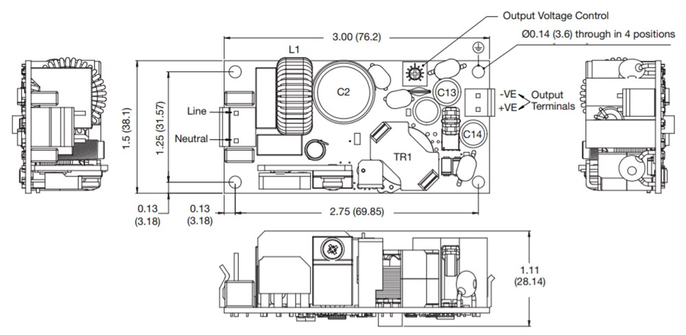Mechanical Drawing - XP Power ECF40 AC-DC Power Supplies