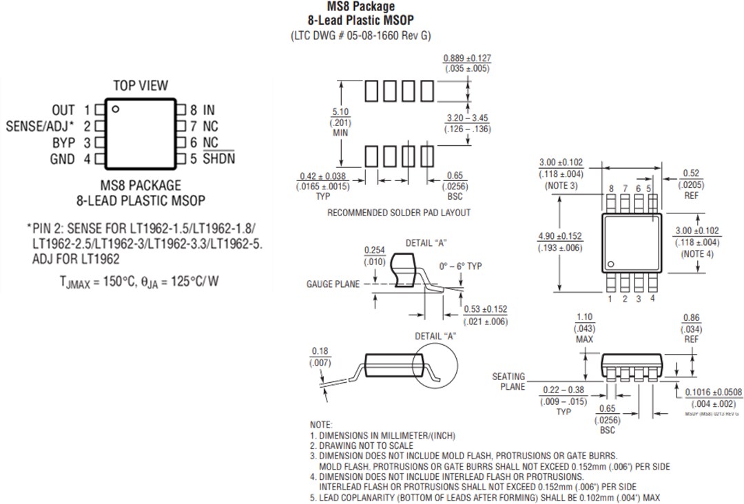 Mechanical Drawing - Analog Devices Inc. LT1962 300mA Low Noise Micropower LDO Regulators