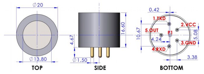 Mechanical Drawing - Amphenol SGX Sensortech Integrated IR (INIR) Gas Sensors for R32 & R290