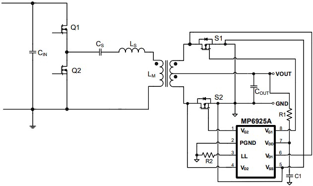 Application Circuit Diagram - Monolithic Power Systems (MPS) MP6925AGS-x Dual-LLC Synchronous Rectifiers