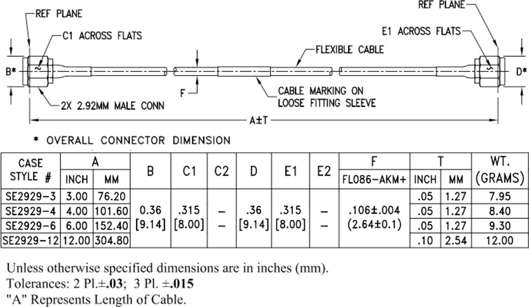 Mechanical Drawing - Mini-Circuits FL086 Series Flexible Coaxial Cables