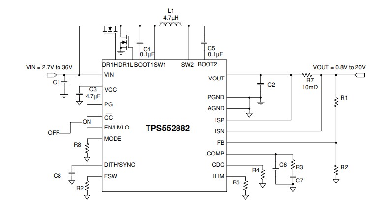 Application Circuit Diagram - Texas Instruments TPS552882/TPS552882-Q1 Buck-Boost Converters