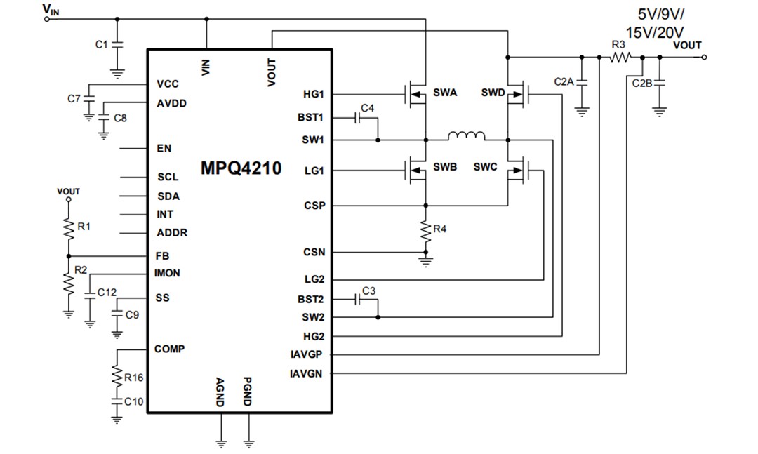 Application Circuit Diagram - Monolithic Power Systems (MPS) MPQ4210 40V 100W Synchronous Buck-Boost Controller