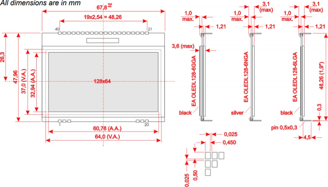 Mechanical Drawing - DISPLAY VISIONS OLEDL128-6 OLED Display Modules