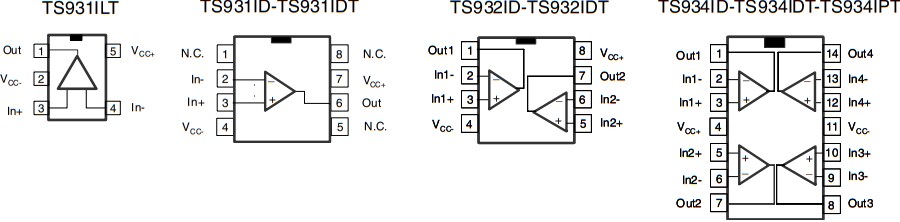 Mechanical Drawing - STMicroelectronics TS931/A/B, TS932/A/B, & TS934/A/B Op Amps