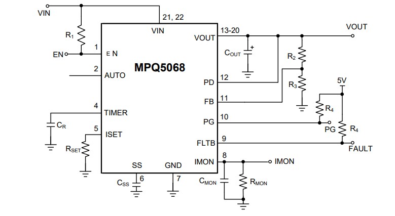 Application Circuit Diagram - Monolithic Power Systems (MPS) MPQ5068 Hot-Swap Protection Device