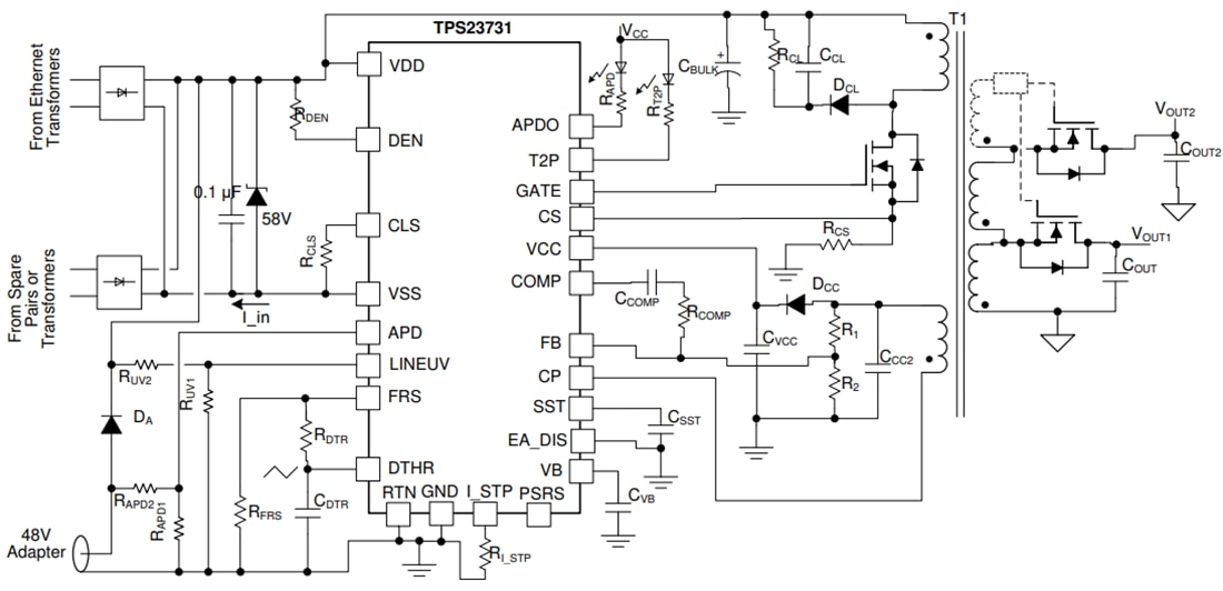 Application Circuit Diagram - Texas Instruments TPS23731 Power-over-Ethernet Power Device