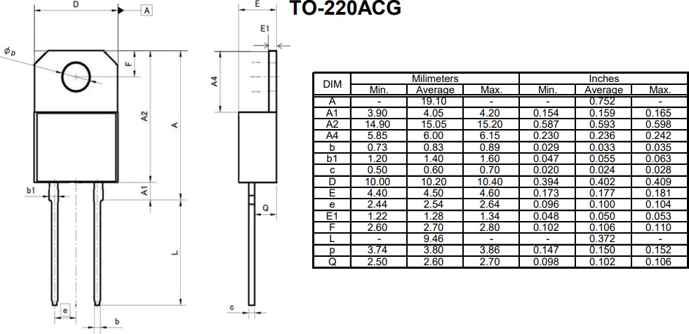 Mechanical Drawing - ROHM Semiconductor TO-220ACG SiC Schottky Barrier Diodes