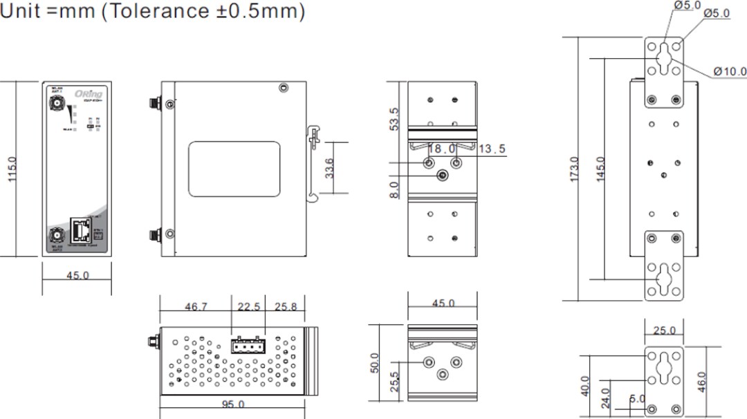 Mechanical Drawing - ORing IGAP-610H+ Din-Rail Wireless Access Point