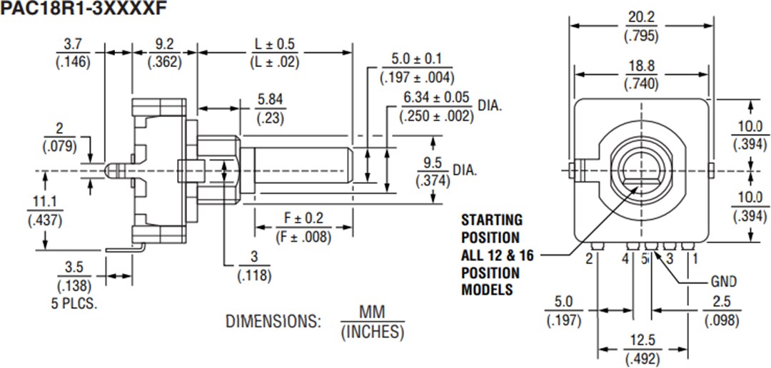Mechanical Drawing - Bourns PAC18R 18mm Low Profile Absolute Encoders