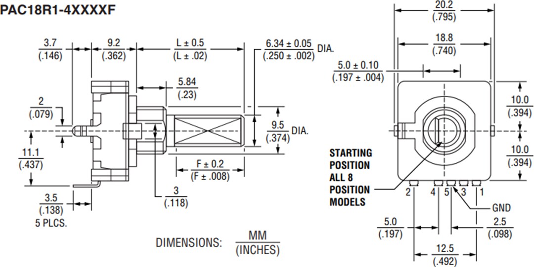Mechanical Drawing - Bourns PAC18R 18mm Low Profile Absolute Encoders