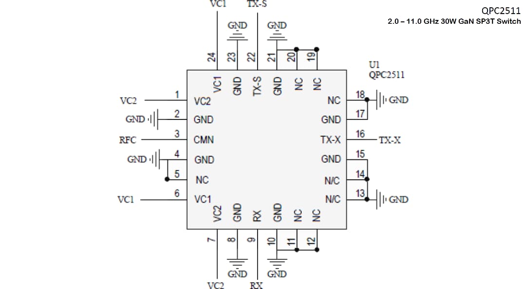 Application Circuit Diagram - Qorvo QPC2511 30W GaN SP3T Switch
