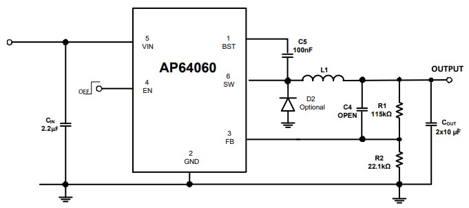Application Circuit Diagram - Diodes Incorporated AP64060 Synchronous Buck Converter