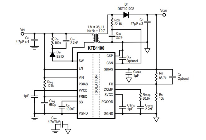 Application Circuit Diagram - Kinetic Technologies KTB1100 15W Flyback Regulator