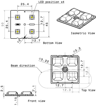 Mechanical Drawing - Ledil AMBER-2X2 LED Lighting Lenses