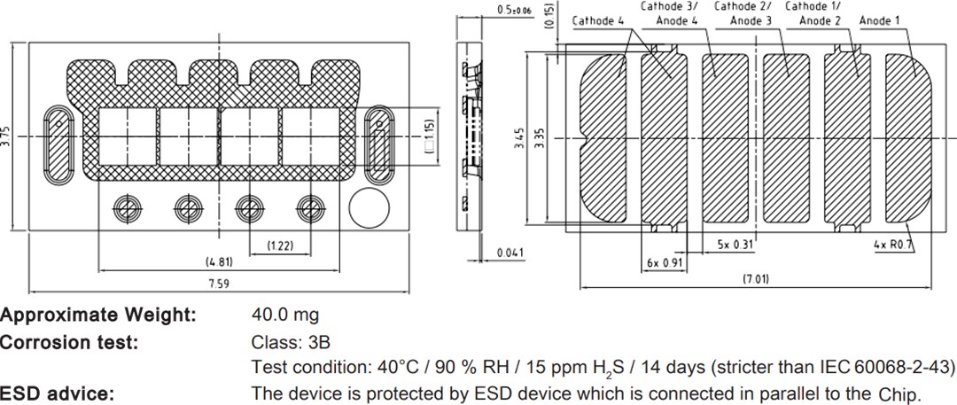 Mechanical Drawing - ams OSRAM OSLON® Black Flat X KW4 HPL631.TK LEDs (4 Chip)