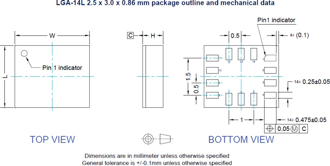 Mechanical Drawing - STMicroelectronics ASM330LHHX Auto 6-axis ML Core Inertial Module